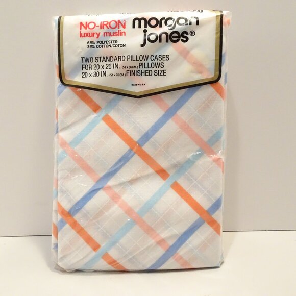 Morgan Jones Standard Pillowcases Luxury Muslin Blue Orange Plaid USA NOS Vintag - Picture 1 of 4